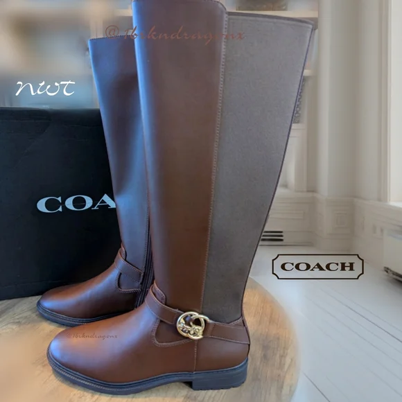 NWT Genuine Leather Risinf Boot Coach Brown Luggage Gold Embellished Boots - Picture 5 of 7